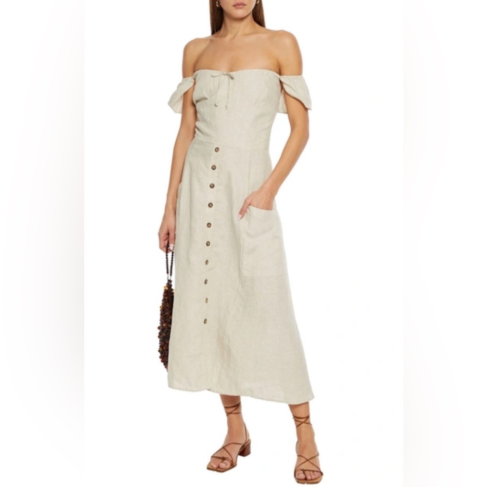Reformation Off-Shoulder Midi Dress in Light Beige